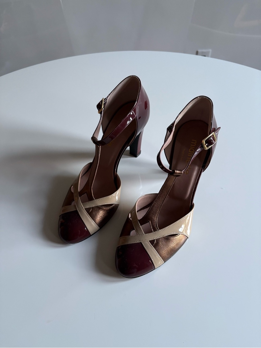 Italian Vero Cuoio Burgundy, Bronze & Cream T-Strap Heels